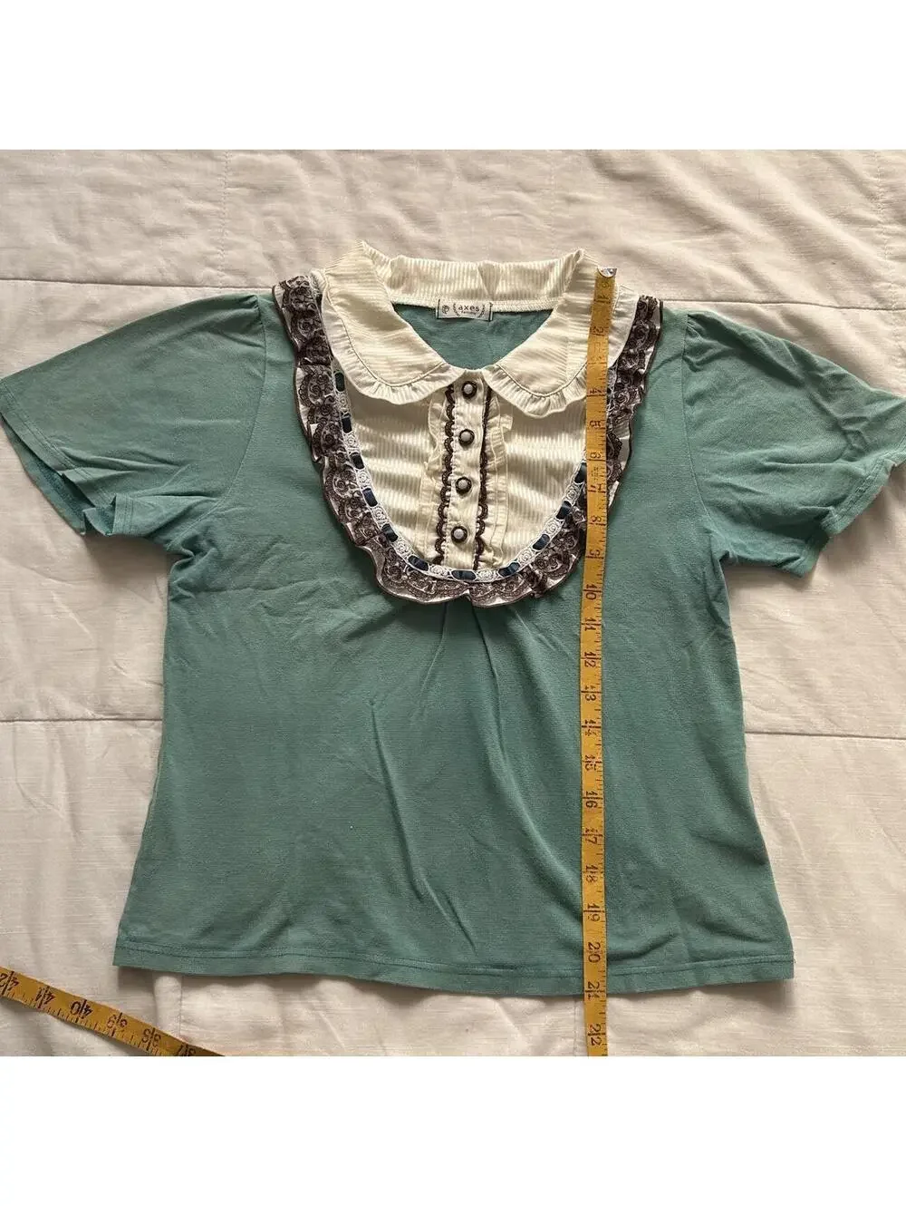 Axes Femme Teal Green Lace Bib Peter Pan Collar Top Medium Japan